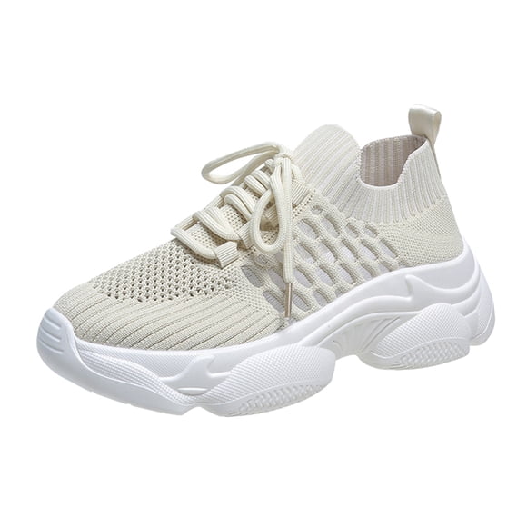 HBFAGFB Casual Shoes for Women Thick Soled Sports Shoes Outdoor Running Breathable Sneakers Beige Size 39