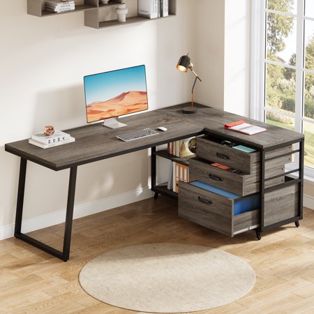 Tribesigns 53 L Shaped Office Desk Reversible Corner Computer Desk with 3 File Drawers and 2 Storage Shelves for Home Office Study Gaming Room (Brown)