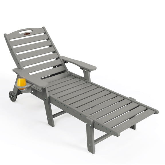 Outdoor Chaise Lounge Chair, 5 Positions Adjustable Lounge Chairs with Wheels & Cup Holder, HDPE Poo lLounge Chair for Poolside, Patio, Classic Gray