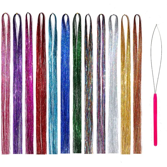 1Set Hair Tinsel Kit, with Tools Heat Resistant Safe 12 Colors Glitter Tinsel Hair Extensions ,Hair Tinsel Heat Resistant for Women Girls Glitter Hair Extensions