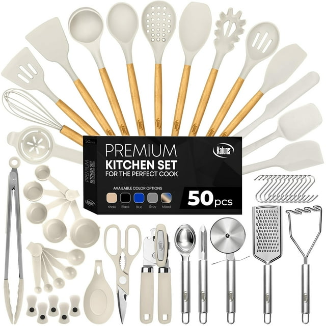 Kaluns 50 PCS Silicone Kitchen Utensils Set Complete Kitchen Set - 800°F Heat Resistant Non-Stick Premium Cooking Utensils W Wooden Handles - Can Opener, Masher, Turn