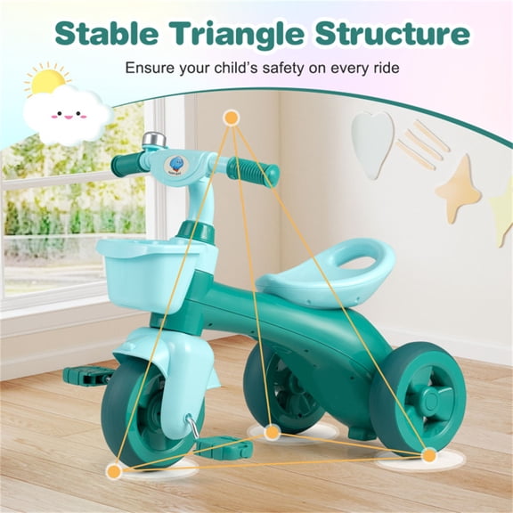 Stable Triangular Frame 3-Wheel Riding Vehicle, Limited Turning Angle Balance Ride-On Gear with Dual Front & Rear Storage Compartments