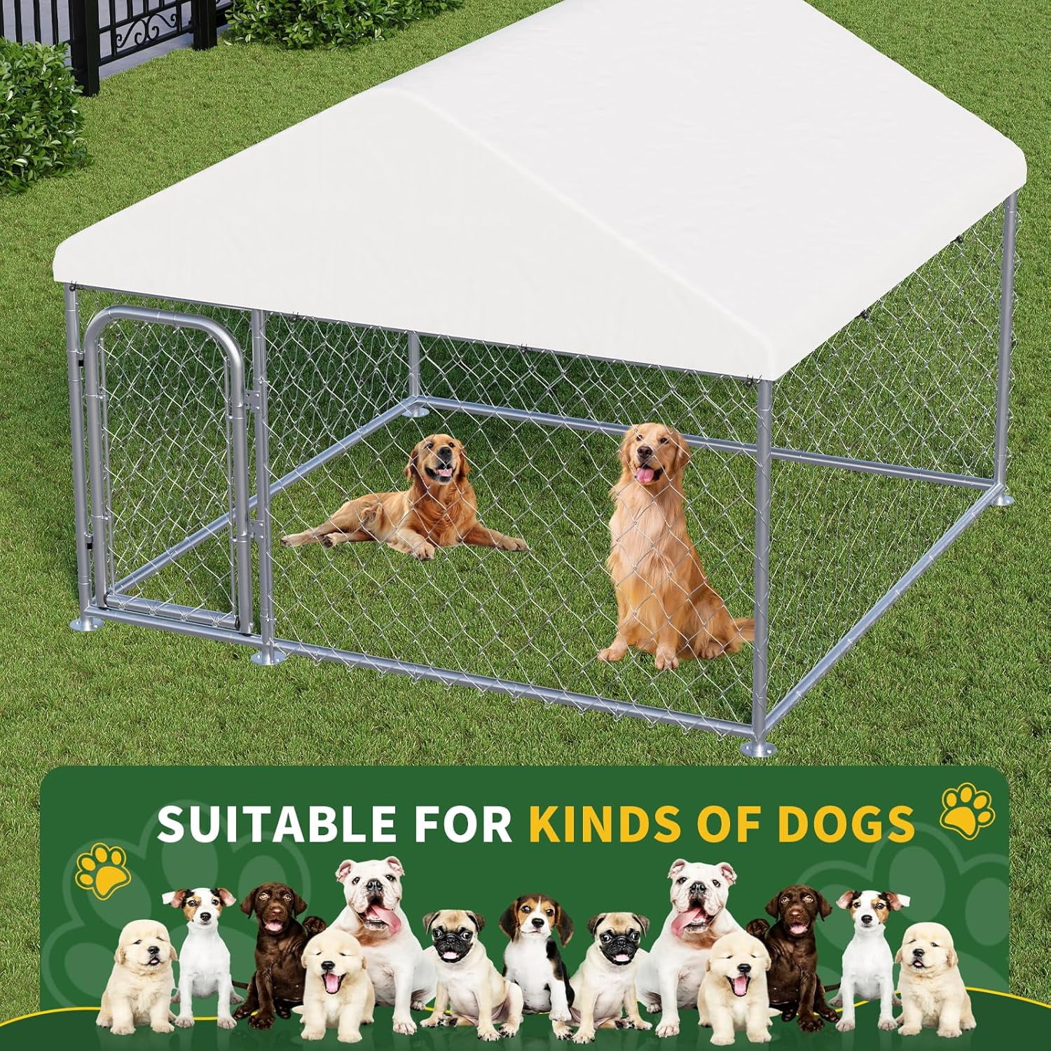 Outdoor Large Dog Kennel, Heavy Duty Dog Enclosure with UV & Rain-Proof Fully Covered Roof, Rustproof Metal Mesh, Double Security Locks, 6.6 x 6.6 FT