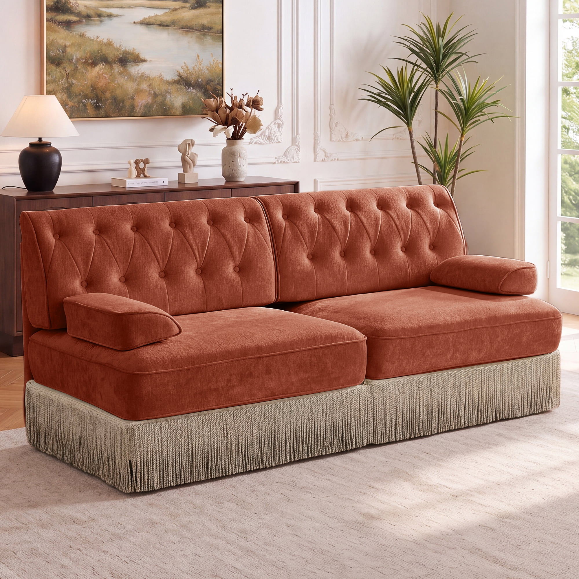 76" Velvet Chesterfield Loveseat Sofa, Button Tufted Design, Tassel Fringe Skirt, Easy to Assemble