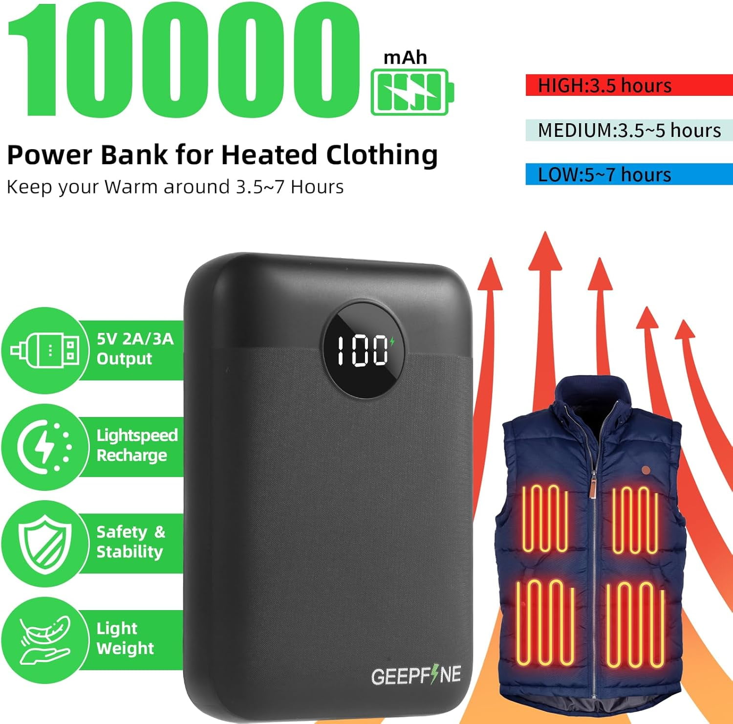 MHAWBL-Mini 5V 2A Battery Pack for Heated Vest,10000mah Lightweight Power Bank for Heated Seat,Heated Blanket,Heated Clothing,2 in 1 Function Battery Pack for Heated Vest and Phones.