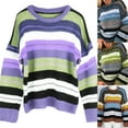 thumbnail image 2 of Women Long Sleeve Knit Loose Sweater O-Neck Contrast Colored Striped Jumper Top, 2 of 14