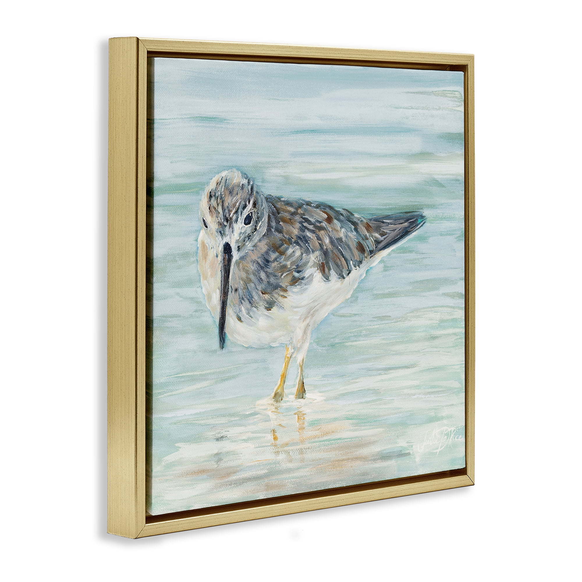 Stupell Industries Sandpiper on Shallow Shore Animals & Insects Painting Gold Floater Framed Canvas Art Print Wall Art, 18 x 18