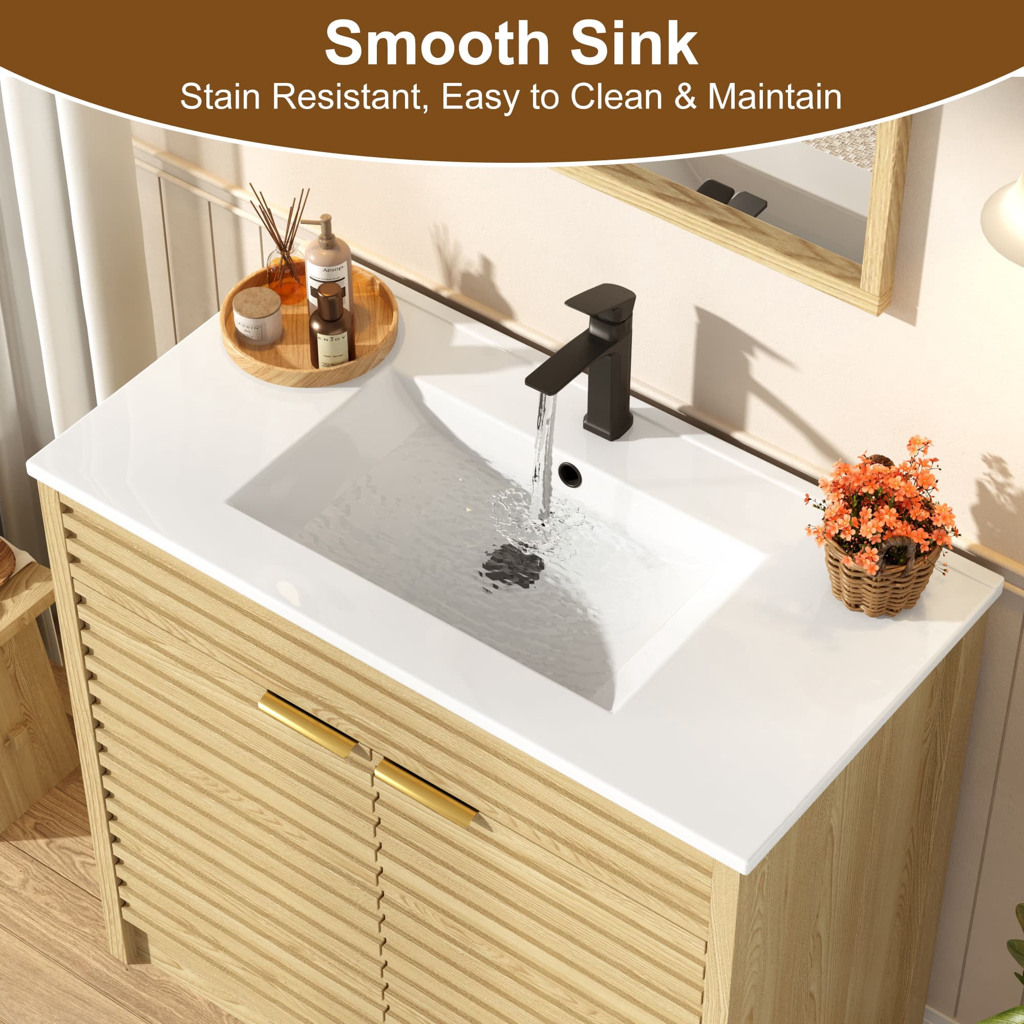 36" Modern Bathroom Vanity with Sink and Faucet Combo, Double Fluted Door Vanity Set, Ceramic Integrated Basin, 6-Tier Smart Storage Organization