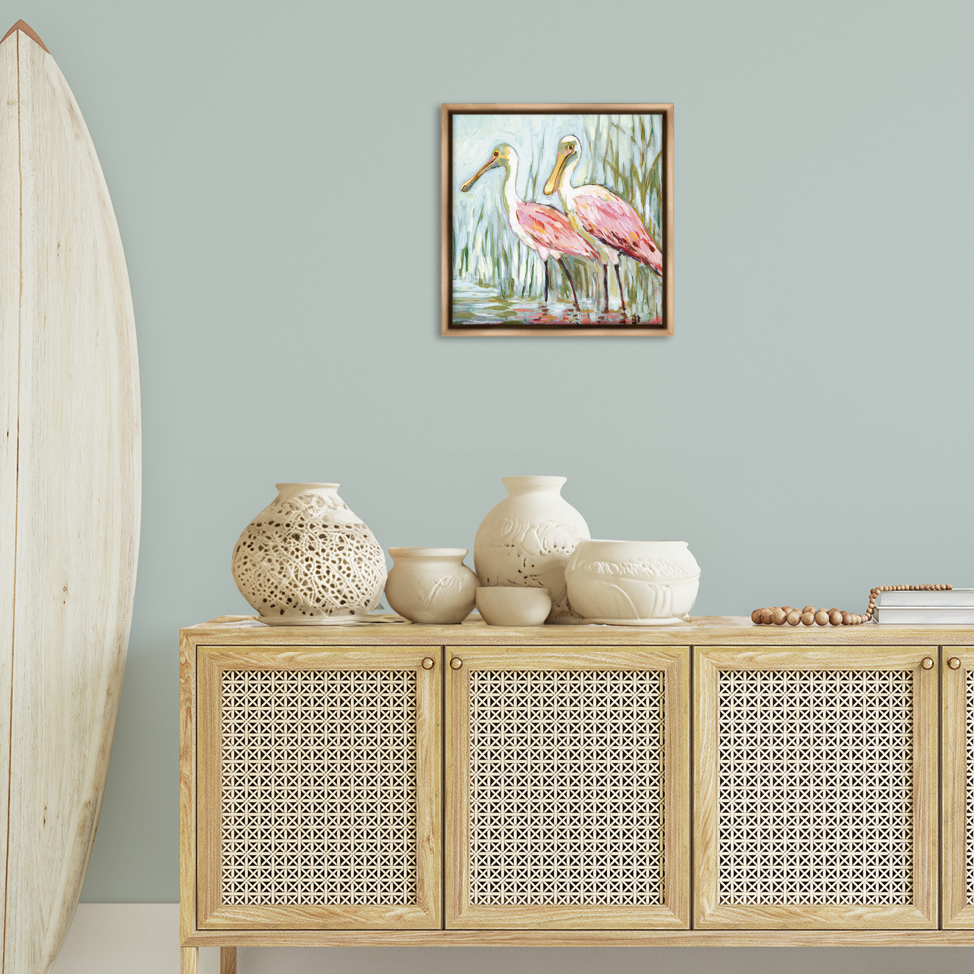 Stupell Industries Spoonbill Birds Pair Animals Painting Brown Floater Framed Canvas Art Print Wall Art, 18 x 18