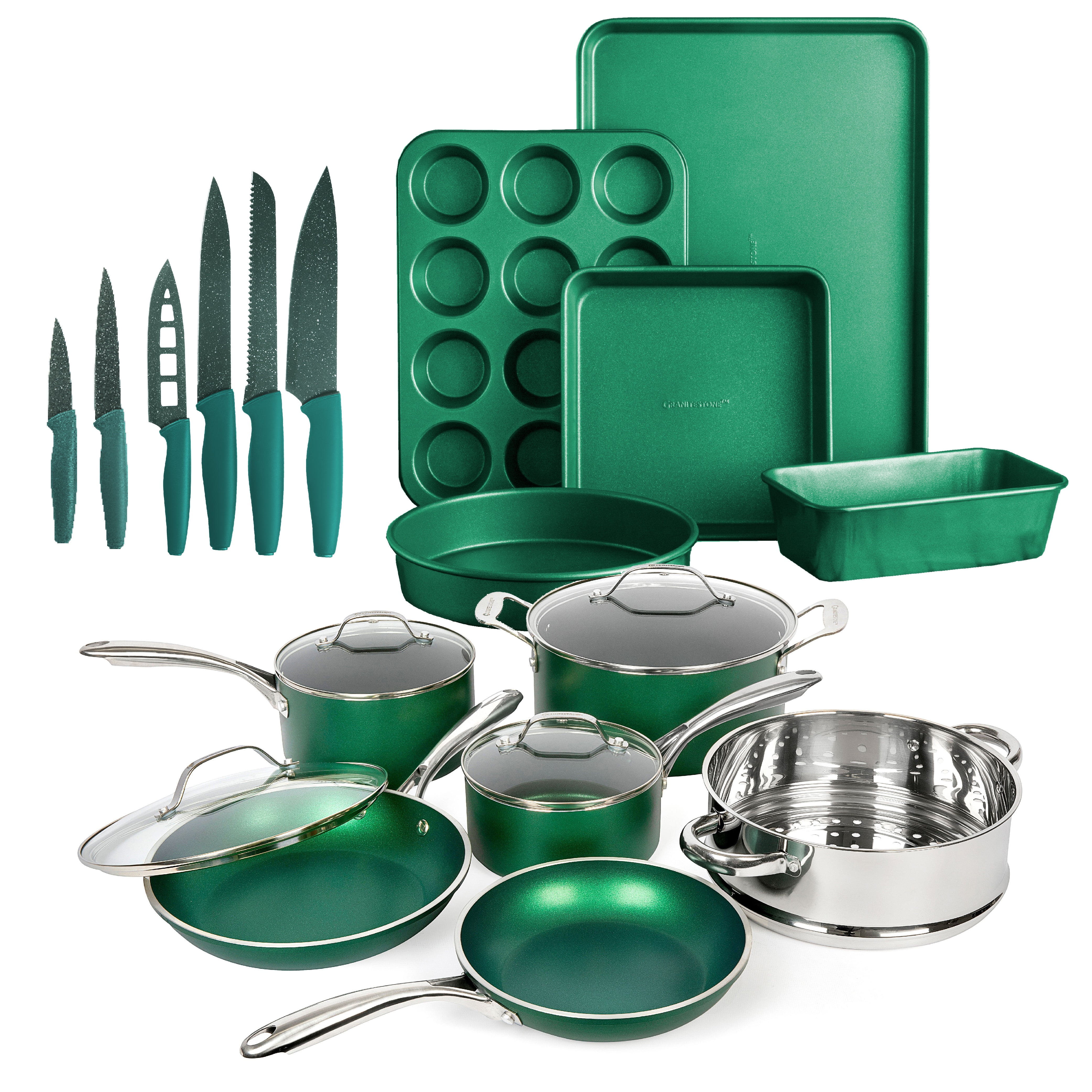 Granitestone Diamond Granite Stone Classic Emerald Pots and Pans Set with  Ultra Nonstick Durable Mineral & Diamond Tripple Coated Surface, Stainless