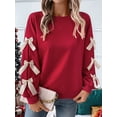 thumbnail image 6 of Women'S Y2K Ribbon Long Sleeve Top - Crew Neck Red Christmas & New Year Bowknot Oversized Pullover Shirt Red L, 6 of 9
