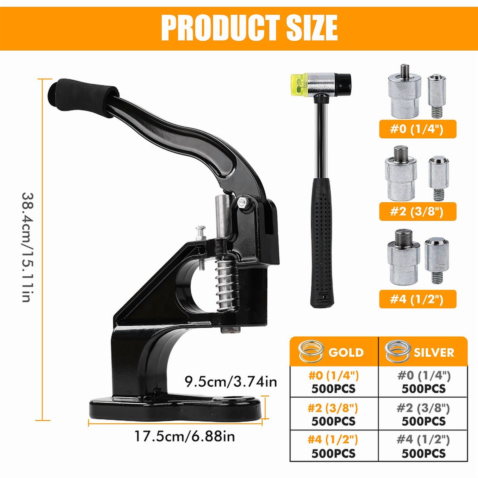 Heavy-duty Punching Machine Kit, Hand-pressed Punching Rivet Setting Tool, For Fabrics, Leather, Banners And DIY Projects, 3 Molds (6mm, 10mm, 12mm) And 3000 Gold And Silver Sealing Rings (Black)