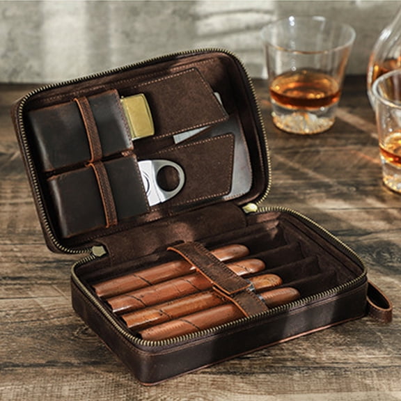 Genuine Leather 4-Slot Cigar Case – Portable Travel Humidor Box, Dual Zipper Design, Leather Wrist Strap, Multiple Pockets for Accessories