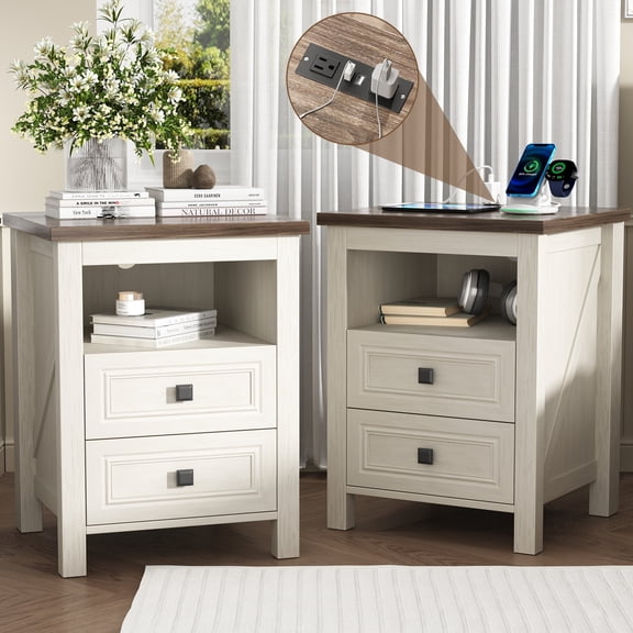 NEGYLIM Nightstand Set of 2 Farmhouse Nightstand with Storage Drawer Bedside Tables End Table for Bedroom Modern Wood Side Table Living Room,White