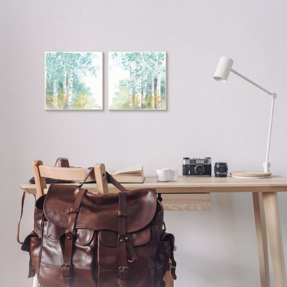 Birch Tree Forest Tranquil Green Gold Watercolor Landscape Gallery-Wrapped Canvas Print Wall Art, Set of 2, 17x17