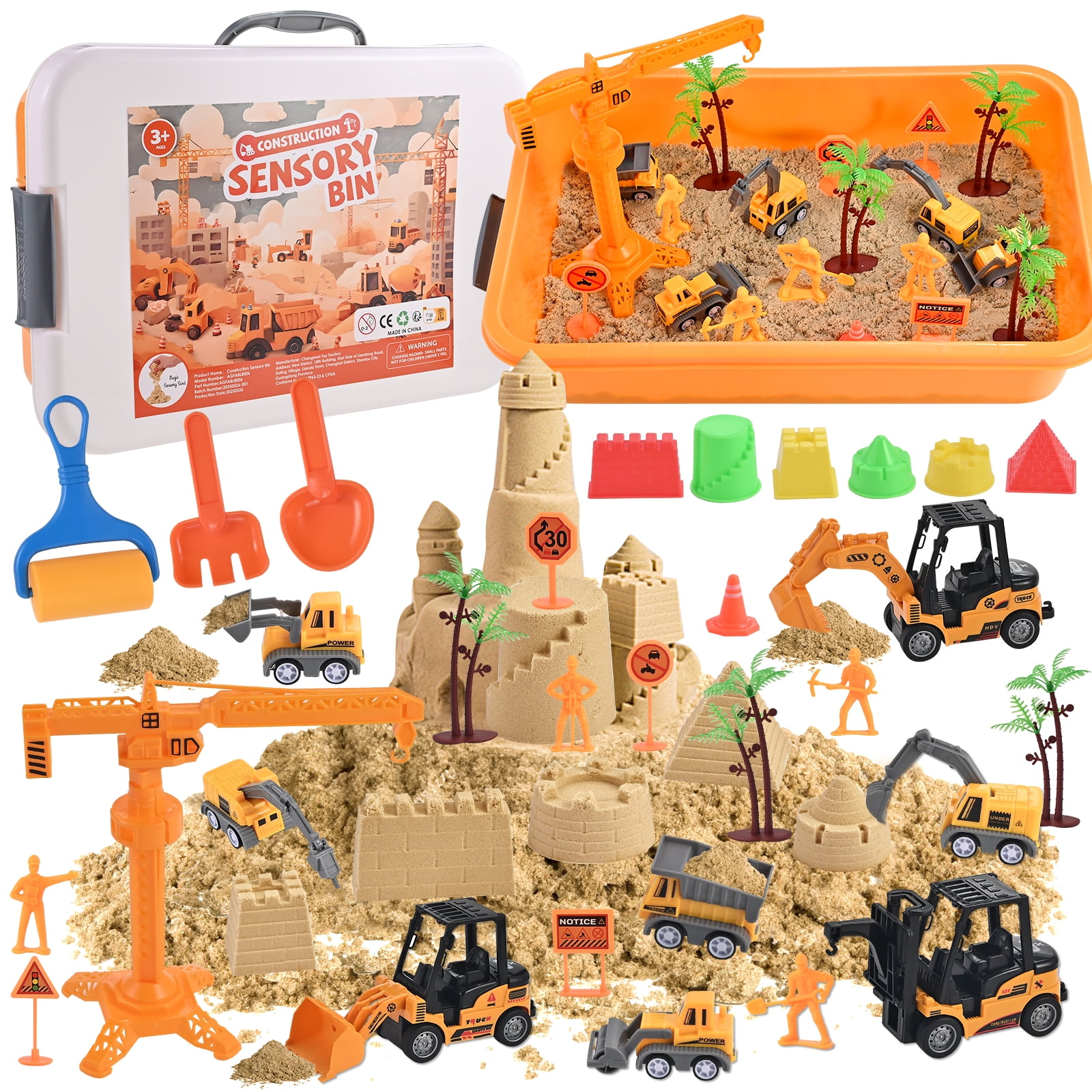 Faburo 34Pcs Sand Construction Site Kit Sensory Bin Toy for Toddler with 8 Vehicles, Learning Sand Toys Birthday Gift for Kids Boys Ages 3 4 5