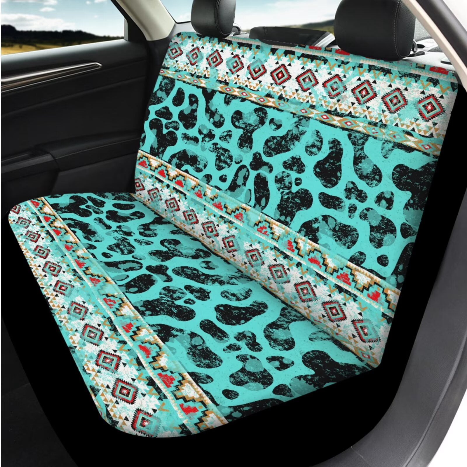 Garronmavis Aztec Cow Print 14 Pack Car Seat Covers Set with Car Head Rest Cover Steering Wheel Protector Armrest Cover Car Seat Belt Covers Keychain and Coaster Universal Fit for Most Cars SUV