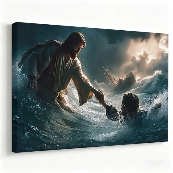 Jesus Reaching into Water Canvas Wall Art Peter Sinking Storm Painting Prints Living Room Bedroom Office Church Christian Wall Decor Stretched Frame Ready to Hang 8*12