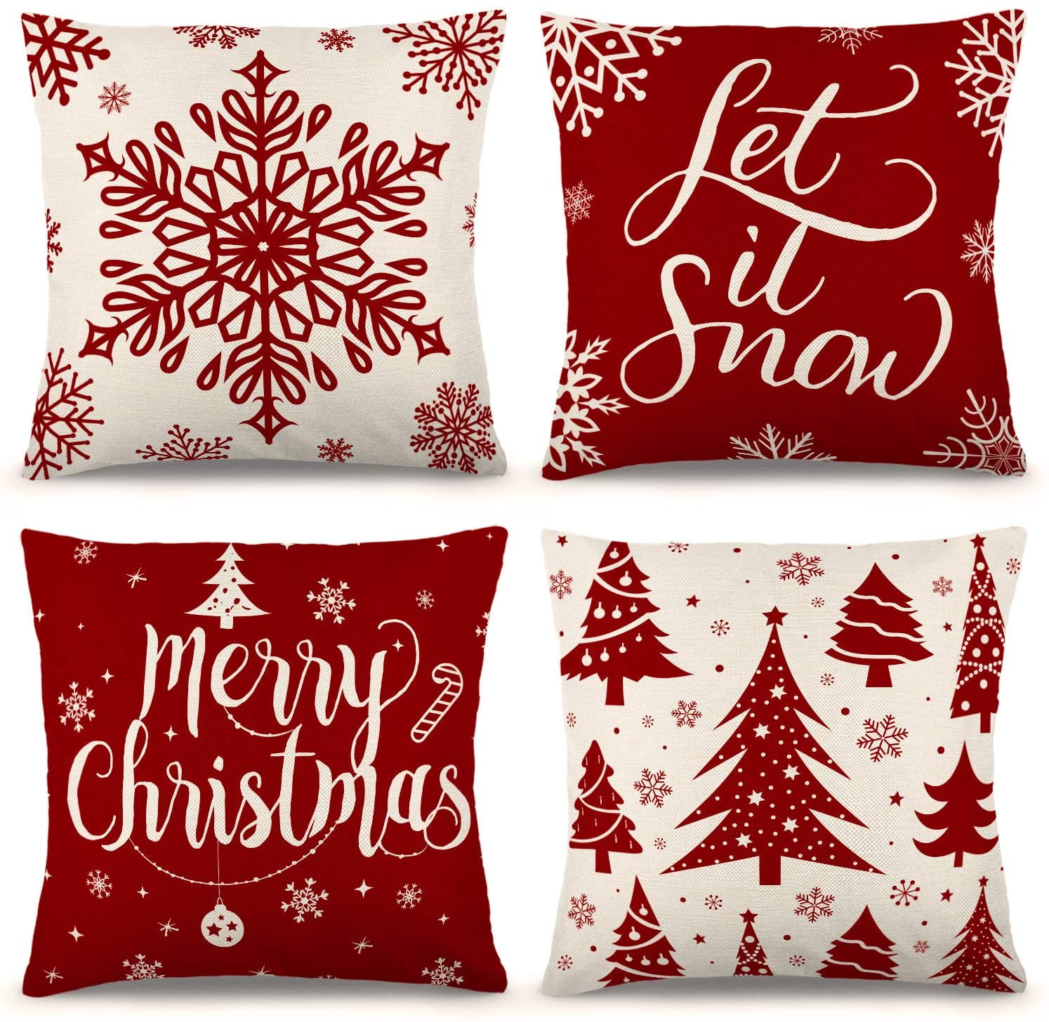 axsl Big Red Snowflakes Pillow Cover Christmas Red Farmhouse Throw Pillow Cover Plaid Cuhion Cover Case for Couch Sofa Home Decoration Farm Christmas Pillows Linen 18 X 18 Inches