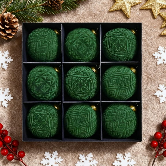 Velvet Christmas Ball Ornaments - 4 Inch Flocked Christmas Balls Shatterproof Decorative Hanging Ornaments Set for Xmas Tree Holiday Wedding Party Decor (Dark Green, 9pcs)