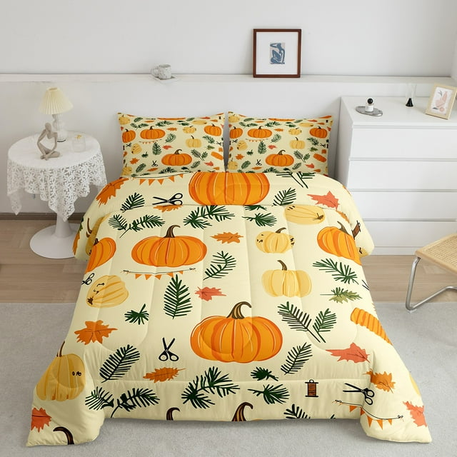 Erosebridal Ensembles de Couette Citrouille Dessin Animé Format Simple, Couette en Duvet Récolte d'Automne, Insert de Couette Réversible Feuille Plante, Déco de Chambre Super Douillette, 2 Pcs