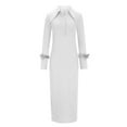 thumbnail image 4 of IROINNID Deals Semi Formal Dress for Women Long Sleeve Sheath Dress Knitted V-Neck Faux-Feather Split Dress,White, 4 of 5