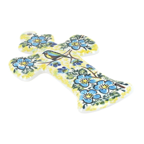 Blue Rose Polish Pottery Bluebird Garden Cross