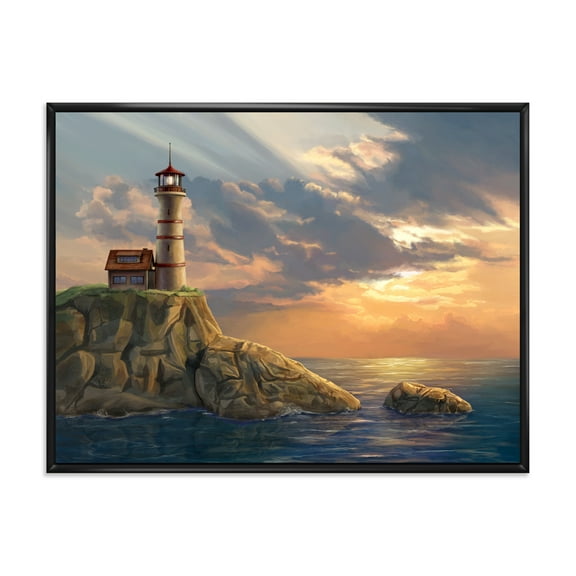 Designart 'Lighthouse On A Rocky Coastal Cliff At Evening Light' Nautical & Coastal Framed Canvas Wall Art Print
