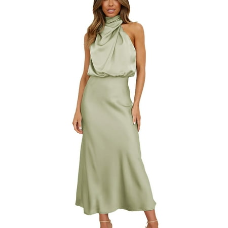 

Women Long Formal Satin Dress Mock Neck Sleeveless Flowy Maxi Party Dresses