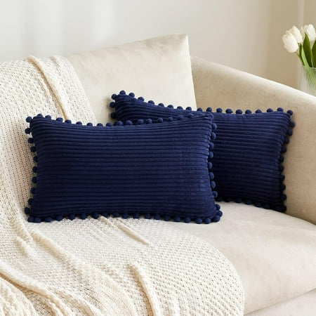 

MIULEE Boho Decorative Throw Pillow Covers with Pom-poms Soft Corduroy Square Solid Cushion Cases Pillowcases for Couch Sofa Bedroom 16x16 inch Dark Blue