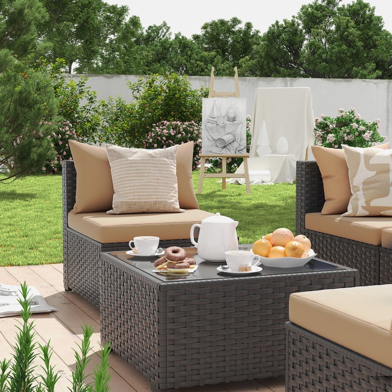 ELPOSUN 7 Pieces Patio Furniture Set, Outdoor Furniture Sectional Rattan Sofa with Patio Couch for Backyard Garden Khaki