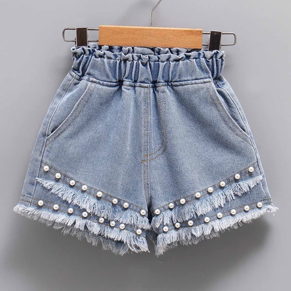 Yutk Big Girls Summer Thin Double Layer Nail Bead Elastic Waist Shining Denim Perforated Denim Shorts Blue