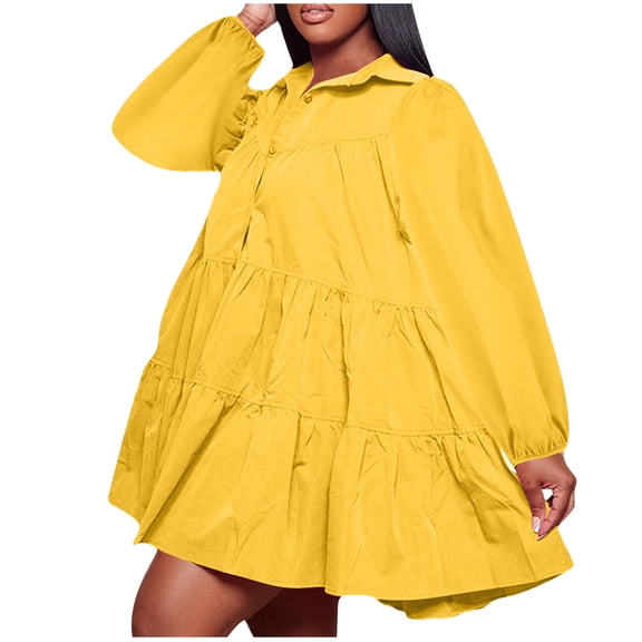 Yuaqua Women's Mini Babydoll Dress Casual Long Lantern Sleeve Collared Pleated Tiered Button down Shirt Dress A-Line Tunic Dress(Yellow,X-Large)