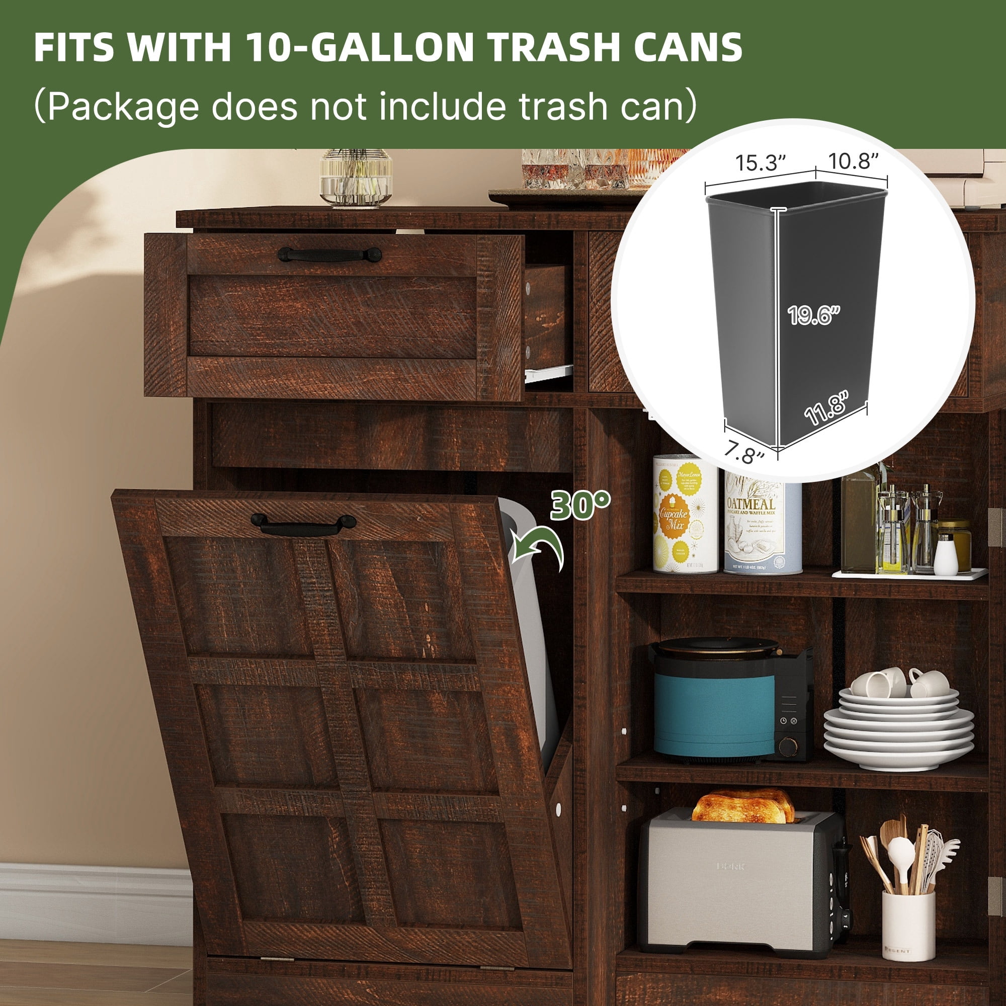 Uforic Kitchen Storage Buffet Cabinet for 10-gal Trash Bin, Tilt Out Trash Cabinet with Drawers & Shelves, Brown