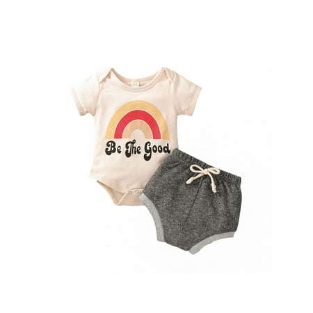 

CenturyX 0-24M Infant Baby Boys Girls Clothes Sets 2pcs Rainbow Printed Short Sleeve Romper Tops Elastic Shorts Clothing Beige Gray 6-12 Months