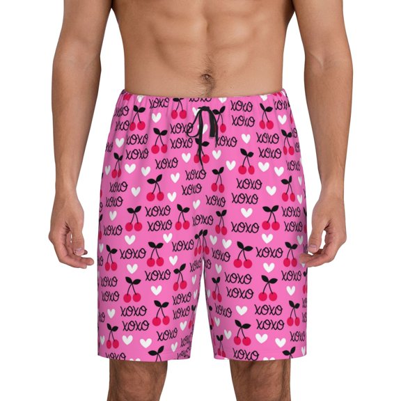 Logiee cherry Print Men's Pajama Shorts with Drawstring & Pockets,Sleep Shorts for Men,Sleepwear Bottoms,Elastic Waistband Loungewear-Small