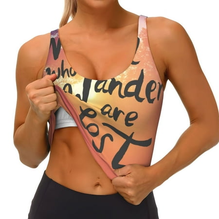 Qokaie Not All Who Wander Are Lost Pattern Womens Scoop Neck Sports Bra Breathable Workout Vest Padded U Back Medium Impact Fitness Gym Yoga Bra Workout Crop Top