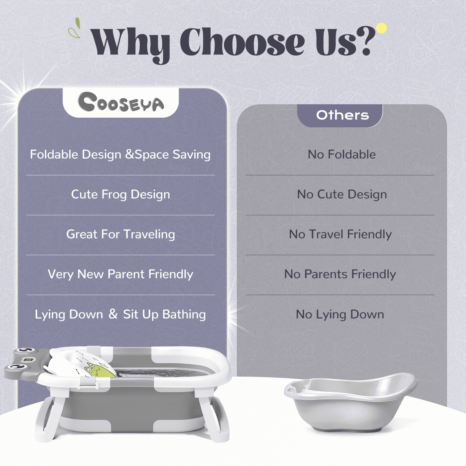 COOSEYA Baby Bathtub, Collapsible Baby Bath Tub with Cushion, Portable, Plastic, 1 Count(Frog/Grey)