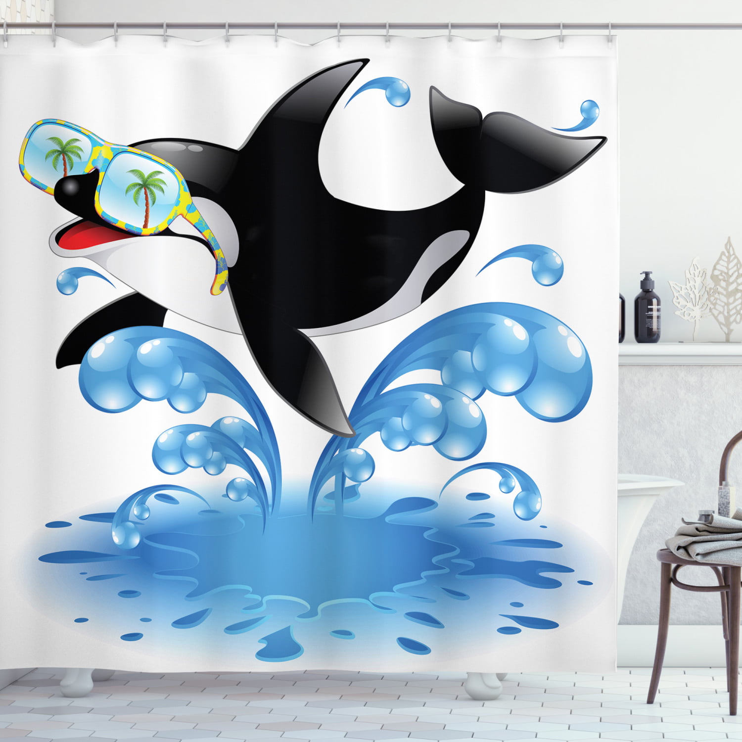 Animal Killer Whale in Ocean Bathroom Shower Curtain and Hooks Waterproof 71" 