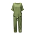 thumbnail image 7 of Bloomae Two Piece Cotton Linen Outfit Sets for Women Lightweight Casual Summer Short Sleeve Irregular Hem Tops Drawstring Elastic Waist Button Ruched Bottom Pants Trendy Matching Lounge Set Green M, 7 of 7