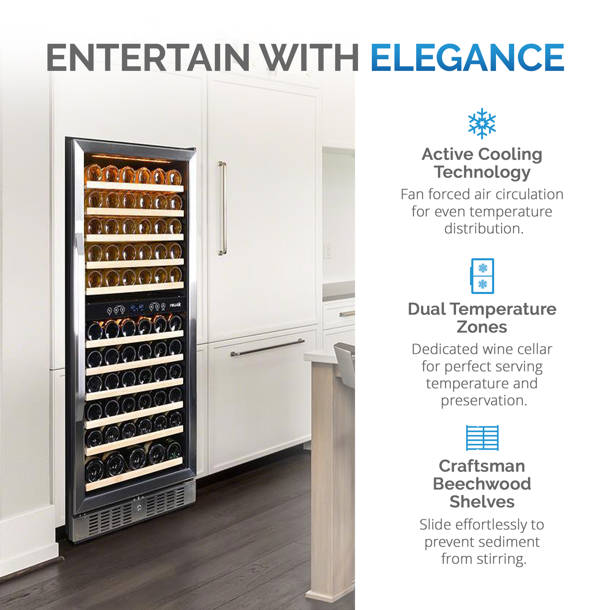 NewAir Dual Zone 116 Bottle Beverage Cooler with Beechwood Shelves, Stainless Steel
