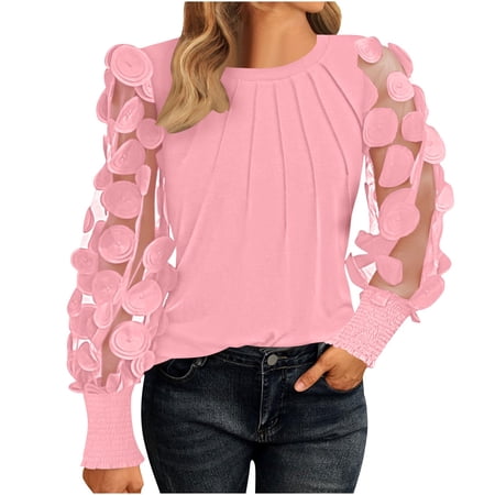 YUGYXL Women Long Sleeve Shirt Elegant Sheer Mesh Blouse Shirred Slim Fit Fall Tops Holiday Pullover Pink S