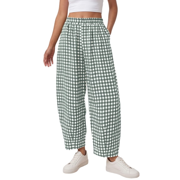 Textilo Plaid Barrel Pants for Women Straight Wide Leg Trousers with Pockets Elastic High Waisted Pants Lounge Spring Fashion Beach Flowy Bottoms,Green M