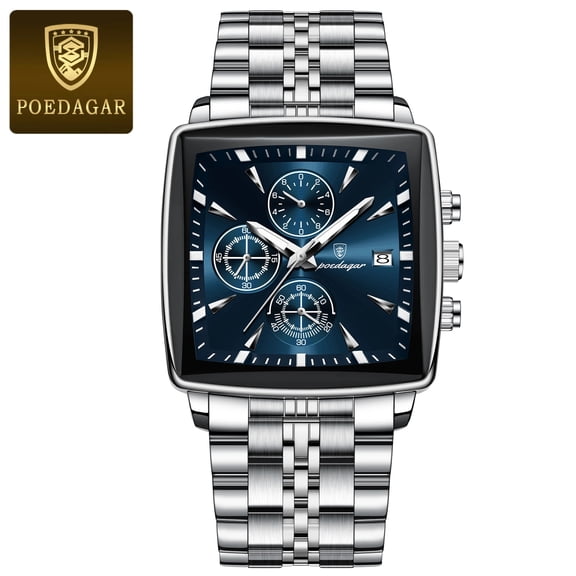 POEDAGAR 866 Square Luxury Quartz Watches Waterproof Stainless Steel Mens Watch Chronograph Watch for Men