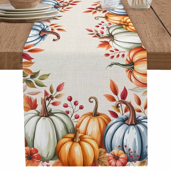 nqOlkjepod Orange Blue Pumpkins Fall Table Runner 36 Inches Long Farmhouse Dress Scarves, Thanksgiving Fallen Leaves Dining Tablerunner for Coffee Table/Kitchen Island/Party Décor, Small 13" x 36"