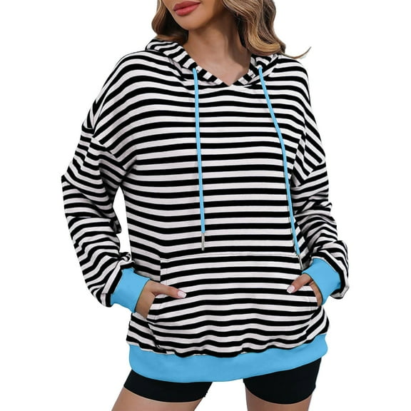 Titcea Hoodies for Women Striped Printed Oversized Drawstring Long Sleeve Hoodie with Pockets Loose Casual Pullover Sweatshirt