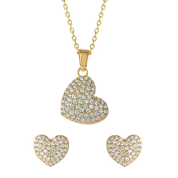 Believe by Brilliance-Women's 14kt Gold Flash Plated Cubic Zirconia Heart Earring and Pendant Set, 16"   2"
