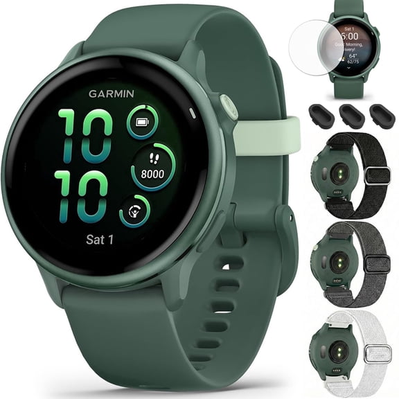 Garmin 010-02985-02 VIVOACTIVE 6 Health & Fitness GPS Smartwatch Jasper Green with Silicone Band Bundle with Deco Essentials Nylon Elastic Bands 3 Pack, Dust Cover 3 Pack and Screen Protector 2 Pack