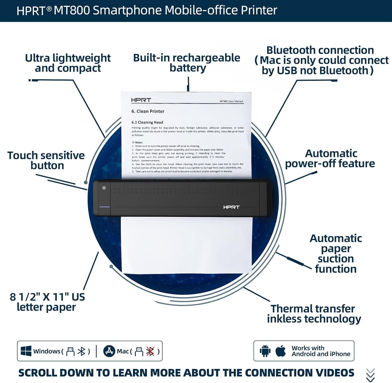 Restored HPRT MT800 Portable Printer Wireless for Travel Bluetooth Android iPhones Laptops Printing with Case (Refurbished)