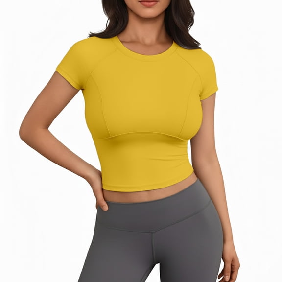 CUSTG Women Casual Shirts Summer Solid Color Short Sleeve Slim O-Neck T Shirt Athletic Training Tops Classic T-Shirt
